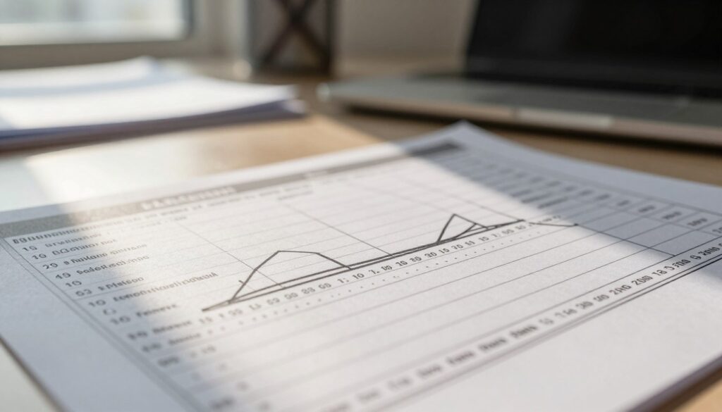 A detailed close-up of a tachograph printout, showcasing the intricate data and graphs typically found on it. In the foreground, the focus is on a section of the printed paper, with clearly visible lines representing driving times, rest periods, and exceeded working hours. The middle layer features a soft, diffused office environment, light filtering through a window, casting gentle shadows on the surface. The background should include indistinct elements like a desk cluttered with documents and a closed laptop, suggesting a professional workspace. The overall mood is one of meticulous attention to detail, emphasizing clarity and organization in the data presented. The lighting should be warm and inviting, enhancing the professional atmosphere of the setting.