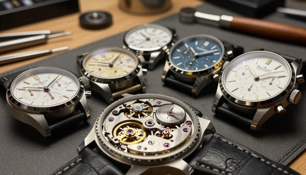 A detailed close-up of various watch mechanisms, highlighting a quartz movement, an automatic mechanism, a date function, and a chronograph feature. In the foreground, showcase a beautifully crafted open watch case, revealing intricate gears and components with precision. The middle ground includes a variety of unique watch dials displaying time, date, and chronograph sub-dials, each with distinct textures and colors. In the background, a softly lit workbench adorned with watchmaking tools creates an inviting and professional atmosphere, enhancing the craftsmanship theme. The lighting is warm and focused, accentuating the metallic finish and reflections on the watch surfaces. The overall mood is sophisticated and innovative, reflecting the art of horology. A detailed close-up of various watch mechanisms, highlighting a quartz movement, an automatic mechanism, a date function, and a chronograph feature. In the foreground, showcase a beautifully crafted open watch case, revealing intricate gears and components with precision. The middle ground includes a variety of unique watch dials displaying time, date, and chronograph sub-dials, each with distinct textures and colors. In the background, a softly lit workbench adorned with watchmaking tools creates an inviting and professional atmosphere, enhancing the craftsmanship theme. The lighting is warm and focused, accentuating the metallic finish and reflections on the watch surfaces. The overall mood is sophisticated and innovative, reflecting the art of horology.