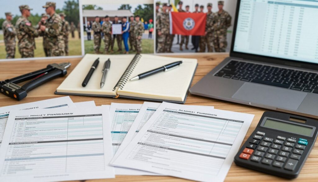 A detailed close-up shot of various military allowances and benefits, thoughtfully arranged on a wooden desk. In the foreground, showcase stacks of military pay stubs, a calculator, and a selection of informational brochures about soldier compensations. The middle ground features a neatly organized set of tools used for documenting allowances, such as pens, a notepad, and a laptop displaying charts of military pay grades. In the background, softly blurred, there are images of soldiers receiving training and participating in community events, suggesting camaraderie and support. The scene is warmly lit to evoke a sense of professionalism and dedication, with a slight focus taken from a high-angle view, creating a dynamic composition that highlights the importance of financial aspects in military careers. The mood is serious yet hopeful, reflecting on the positive impact of these benefits.