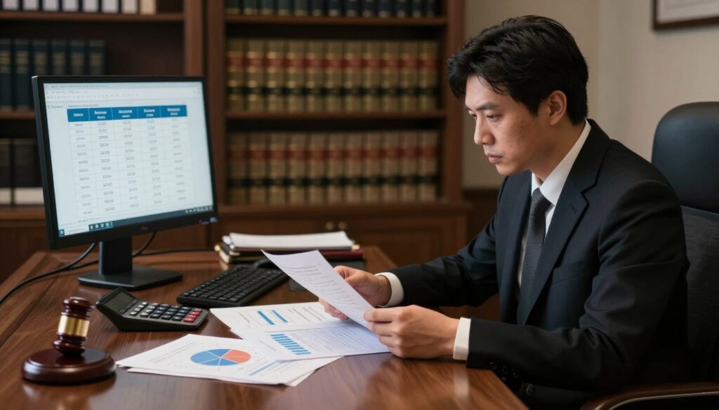 A detailed composition showcasing a professional prosecutor's salary breakdown. In the foreground, a well-dressed prosecutor in professional business attire, looking intently at financial documents spread on an elegant wooden desk. The middle ground features a calculator, charts, and a computer display illustrating salary components, such as base salary, bonuses, and benefits. In the background, a dimly-lit office with shelves filled with legal books, creating an atmosphere of seriousness and professionalism. Soft, warm lighting enhances the office environment, while a slight focus blur on the background adds depth. Capture a mood of contemplation and diligence, emphasizing the financial aspects of the prosecutor's career path.