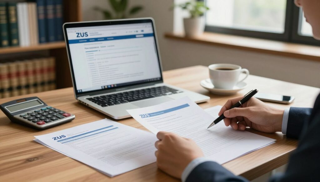 A detailed desk scene featuring professional documents related to ZUS, such as application forms and proof of contribution, neatly arranged with a pen and a calculator. In the foreground, a pair of hands in business attire is seen analyzing the documents, emphasizing professionalism. The middle area highlights a laptop displaying an official ZUS webpage, along with a cup of coffee beside it. In the background, a cozy office environment with bookshelves filled with law books and a plant to add a touch of warmth. Soft, natural lighting filters in from a window, creating an inviting atmosphere. The mood is focused and serious, suited for discussions about retirement contributions and paperwork.