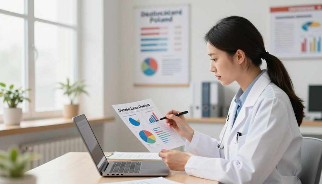 A detailed illustration of a professional dietitian in a modern healthcare office, analyzing charts and graphs about current salaries of dietitians in Poland. In the foreground, the dietitian, dressed in professional attire, is seated at a desk with a laptop and colorful pie charts. The middle ground features a wall-mounted poster displaying statistics related to healthcare salaries. In the background, bright, natural light filters through large windows, highlighting an organized and welcoming office environment. Soft shadows create a calm, focused atmosphere. The angle is slightly tilted for a dynamic perspective, emphasizing the subject's engagement with the data. The colors are warm and professional, conveying a sense of trust and efficiency in the healthcare setting.