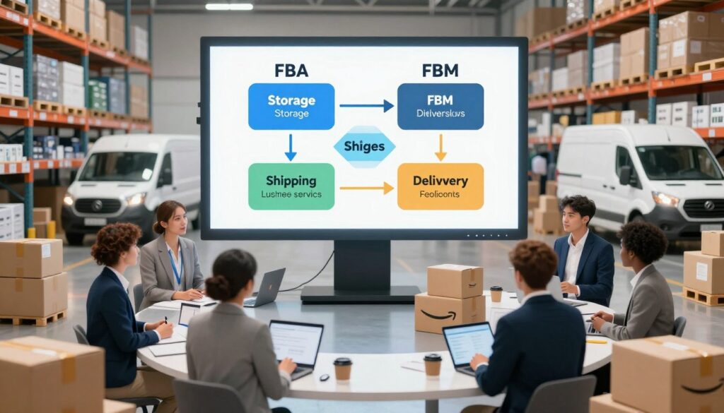 A detailed illustration representing the Amazon FBA and FBM sales and delivery models. In the foreground, a diverse group of professional sellers, dressed in smart business attire, are engaged in discussion, surrounded by various Amazon packages and shipping materials. The middle ground features a large, digital screen displaying an infographic of the FBA and FBM processes, emphasizing storage, shipping, and customer service roles. The background consists of a sleek warehouse environment with shelves filled with products, and delivery vans ready for dispatch. The scene is brightly lit to create a dynamic and motivating atmosphere, with a wide-angle perspective to capture the bustling activity and organization in the e-commerce setup.