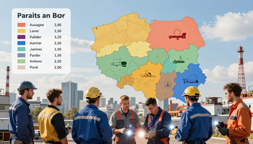 A detailed map of Poland showcasing regional differences in welder salaries, with specific areas highlighted. In the foreground, a diverse group of welders dressed in professional work attire, representing various regions, engages in a discussion about their experiences. In the middle ground, a graph displaying average earnings in different Polish regions with distinct colors for each area, enhanced with icons or symbols related to welding. The background features a skyline of a Polish city, symbolizing industry and economic activity, under a bright, clear blue sky. The lighting is warm and inviting, creating a professional yet approachable atmosphere. Capture the essence of regional diversity in labor markets, focusing on welding careers. A detailed map of Poland showcasing regional differences in welder salaries, with specific areas highlighted. In the foreground, a diverse group of welders dressed in professional work attire, representing various regions, engages in a discussion about their experiences. In the middle ground, a graph displaying average earnings in different Polish regions with distinct colors for each area, enhanced with icons or symbols related to welding. The background features a skyline of a Polish city, symbolizing industry and economic activity, under a bright, clear blue sky. The lighting is warm and inviting, creating a professional yet approachable atmosphere. Capture the essence of regional diversity in labor markets, focusing on welding careers.