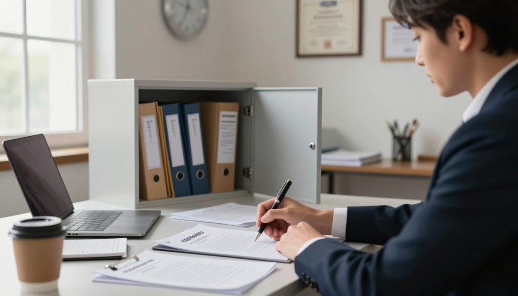 A detailed, professional office scene depicting the issuance of an employment certificate. In the foreground, a focused individual in formal business attire is writing a letter, with a pen in hand, on a clean desk cluttered with documents, a laptop, and a coffee cup. The middle ground shows an open filing cabinet with neatly organized folders labeled with employment documents. In the background, a window allows soft natural light to illuminate the space, adding warmth to the atmosphere. The walls are adorned with framed certificates and a clock. The mood is one of urgency and professionalism, reflecting the importance of formal communication in the workplace.