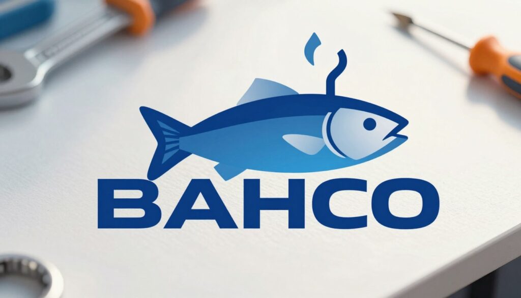 A detailed representation of the Bahco logo, featuring the iconic fish symbol intertwined with a hook. In the foreground, the logo should be depicted prominently, with smooth curves and bold lines, reflecting strong brand identity. The middle layer should include subtle, textured backgrounds that hint at tool-related elements like wrenches or screwdrivers, fading into soft gradients of blue and orange, which are common in Bahco's branding. The background should be a clean, light workspace setting that evokes professionalism and craftsmanship, with natural light illuminating the logo, casting gentle shadows for depth. The overall mood should convey reliability and innovation, encapsulating the essence of the Bahco brand while keeping the focus solely on the logo itself.