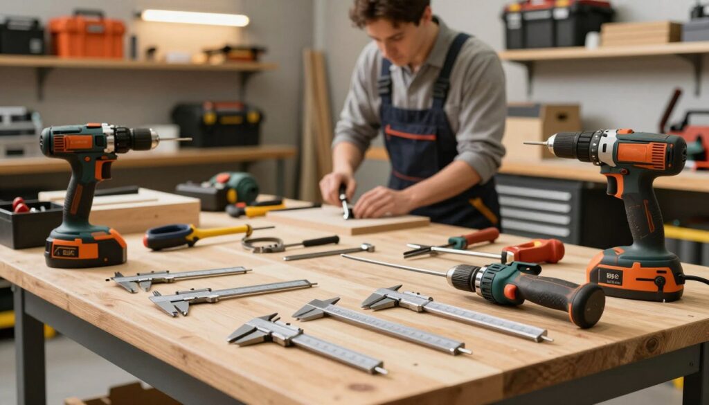 A detailed workspace featuring an array of high-quality industrial tools and equipment, arranged neatly on a wooden workbench. In the foreground, focus on precision measuring instruments, such as calipers and micrometers, alongside power tools like drills and saws in professional settings. In the middle ground, a carpenter in smart casual attire is using a tool with concentration, embodying expertise and professionalism. The background includes shelves filled with neatly organized toolboxes and materials, under warm overhead lighting that creates a productive atmosphere. The overall mood conveys innovation and craftsmanship, emphasizing the industry in which BJC operates, highlighting both the tools and the individuals who utilize them in their work. No text or logos present in the image. A detailed workspace featuring an array of high-quality industrial tools and equipment, arranged neatly on a wooden workbench. In the foreground, focus on precision measuring instruments, such as calipers and micrometers, alongside power tools like drills and saws in professional settings. In the middle ground, a carpenter in smart casual attire is using a tool with concentration, embodying expertise and professionalism. The background includes shelves filled with neatly organized toolboxes and materials, under warm overhead lighting that creates a productive atmosphere. The overall mood conveys innovation and craftsmanship, emphasizing the industry in which BJC operates, highlighting both the tools and the individuals who utilize them in their work. No text or logos present in the image.