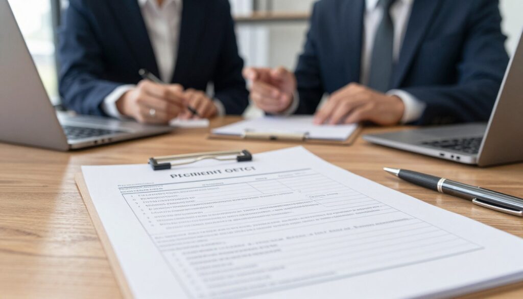 A detailed workstation with a focus on a formal accident protocol form, prominently featured in the foreground. The form should be neatly arranged on a wooden desk with a pen beside it, implying an official report. In the middle ground, include a blurred background of a professional office setting, with two business professionals in smart attire discussing the situation, appearing engaged and serious. Use soft, natural lighting that highlights the textures of the paper and wood while creating a focused atmosphere of professionalism and diligence. The overall mood should be serious and meticulous, reflecting the importance of workplace safety procedures. A detailed workstation with a focus on a formal accident protocol form, prominently featured in the foreground. The form should be neatly arranged on a wooden desk with a pen beside it, implying an official report. In the middle ground, include a blurred background of a professional office setting, with two business professionals in smart attire discussing the situation, appearing engaged and serious. Use soft, natural lighting that highlights the textures of the paper and wood while creating a focused atmosphere of professionalism and diligence. The overall mood should be serious and meticulous, reflecting the importance of workplace safety procedures.