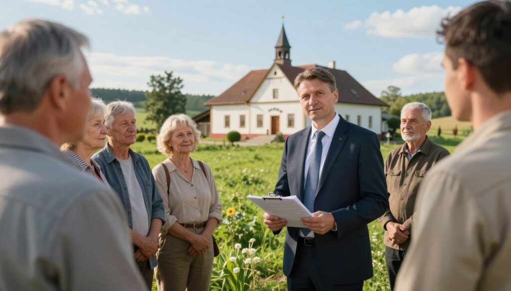 A distinguished rural town hall scene highlighting the role of a village leader, known as "sołtys." In the foreground, a middle-aged man in professional business attire, wearing a suit and tie, stands confidently, holding a clipboard with budget documents. He is engaged in a discussion with a group of villagers, diverse in age and ethnicity, all dressed in modest, casual clothing, showcasing their interest in community affairs. In the middle ground, a charming village landscape with a traditional building, lush green fields, and a clear blue sky reflects a serene rural atmosphere. The lighting is warm and inviting, suggesting a sunny day, captured with a slightly low-angle perspective to emphasize the subjects' importance in community governance. The overall mood is collaborative and optimistic, symbolizing unity and progress in local governance.