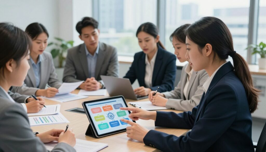 A diverse group of professionals engaged in a lively discussion about different types of audits within a modern corporate office. In the foreground, a woman in a smart business suit is pointing at a colorful infographic on a digital tablet, illustrating various audit types like financial, operational, compliance, and IT audits. In the middle ground, colleagues of varying ethnic backgrounds collaborate around a large conference table, reviewing documents and sharing ideas. The background features large windows allowing natural light to flood the space, showcasing a cityscape. Soft, focused lighting highlights the engaged expressions of the participants, creating a collaborative and professional atmosphere. The image should radiate a sense of teamwork and intelligence, emphasizing the importance of understanding audits in a corporate environment.