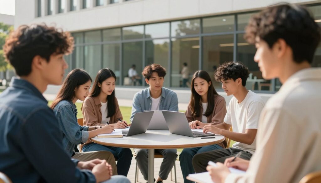 A diverse group of young adults gathered in a modern university setting, discussing their educational paths. In the foreground, two individuals, one male and one female, are engaged in a thoughtful conversation, both wearing smart casual attire. In the middle, a small study group is brainstorming around a table filled with books and laptops, showcasing an atmosphere of collaboration and learning. In the background, the university building with large glass windows reflects the vibrant campus life outside, illuminated by soft morning sunlight. The overall mood is one of opportunity and exploration, emphasizing the possibility of pursuing higher education without a high school diploma. The image should feature a shallow depth of field, focusing on the faces of the group, while the background remains slightly blurred to enhance the central theme.