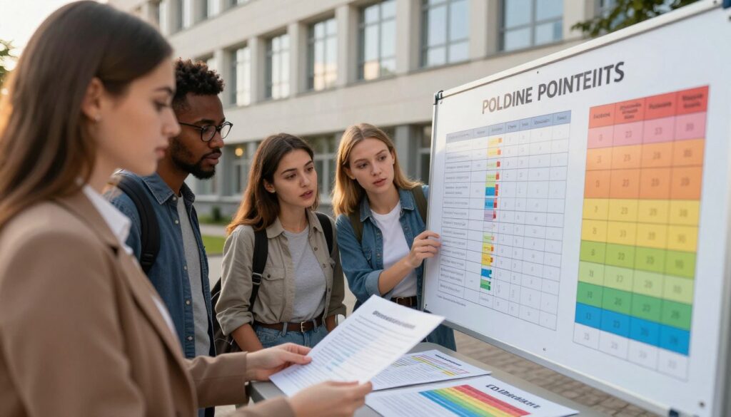 A dynamic and informative image illustrating a recruitment points board at a university in Poland, showcasing the concept of admission thresholds. In the foreground, a table displays colorful flyers with charted recruitment points and grading scales. In the middle ground, a diverse group of three students, dressed in smart casual attire, are engaging in discussion while examining the flyers, their expressions curious and hopeful. In the background, a modern university building with large windows reflects a sunny day, casting warm light onto the scene, enhancing the atmosphere of aspiration and opportunity. The composition should convey a sense of focus and ambition, inviting viewers to imagine their academic futures. A dynamic and informative image illustrating a recruitment points board at a university in Poland, showcasing the concept of admission thresholds. In the foreground, a table displays colorful flyers with charted recruitment points and grading scales. In the middle ground, a diverse group of three students, dressed in smart casual attire, are engaging in discussion while examining the flyers, their expressions curious and hopeful. In the background, a modern university building with large windows reflects a sunny day, casting warm light onto the scene, enhancing the atmosphere of aspiration and opportunity. The composition should convey a sense of focus and ambition, inviting viewers to imagine their academic futures.