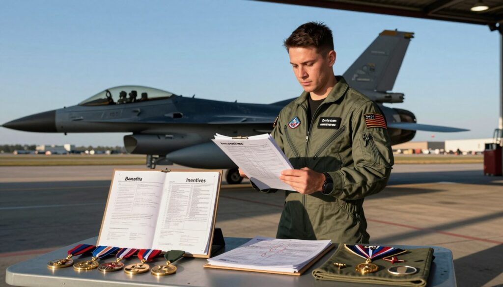 A dynamic composition showcasing a military pilot in a professional flight suit, standing proudly next to an F-16 fighter jet. The pilot is examining a detailed flight plan, with folders labeled "Benefits" and "Incentives" prominently placed on a nearby aircraft hangar table. In the foreground, include stately military medals and insignia glinting in the light, symbolizing additional compensation and accolades. In the middle ground, the sleek silhouette of the F-16 is captured with dramatic lighting during a late afternoon, casting long shadows on the tarmac. The background features a clear blue sky that evokes a sense of freedom and ambition. The atmosphere is serious yet hopeful, illustrating the importance of benefits in a military career.
