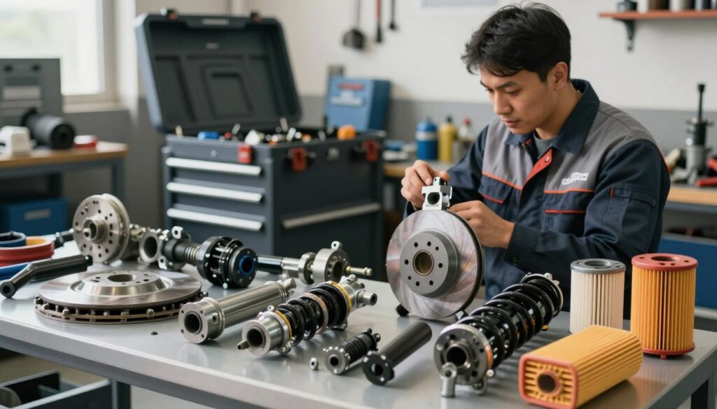 A dynamic display of automotive parts from Ashika, representing various categories like brake components, suspension units, and filters. In the foreground, showcase a selection of intricate car parts with attention to texture and material, highlighting their quality. The middle ground features a neatly arranged toolkit and a mechanic in professional attire, inspecting a part under soft, natural lighting to create an inviting and professional atmosphere. The background subtly depicts a workshop with tools and equipment in soft focus, emphasizing a busy yet organized setting. The overall mood should convey reliability and professionalism, suitable for an article on automotive parts manufacturing. A dynamic display of automotive parts from Ashika, representing various categories like brake components, suspension units, and filters. In the foreground, showcase a selection of intricate car parts with attention to texture and material, highlighting their quality. The middle ground features a neatly arranged toolkit and a mechanic in professional attire, inspecting a part under soft, natural lighting to create an inviting and professional atmosphere. The background subtly depicts a workshop with tools and equipment in soft focus, emphasizing a busy yet organized setting. The overall mood should convey reliability and professionalism, suitable for an article on automotive parts manufacturing.