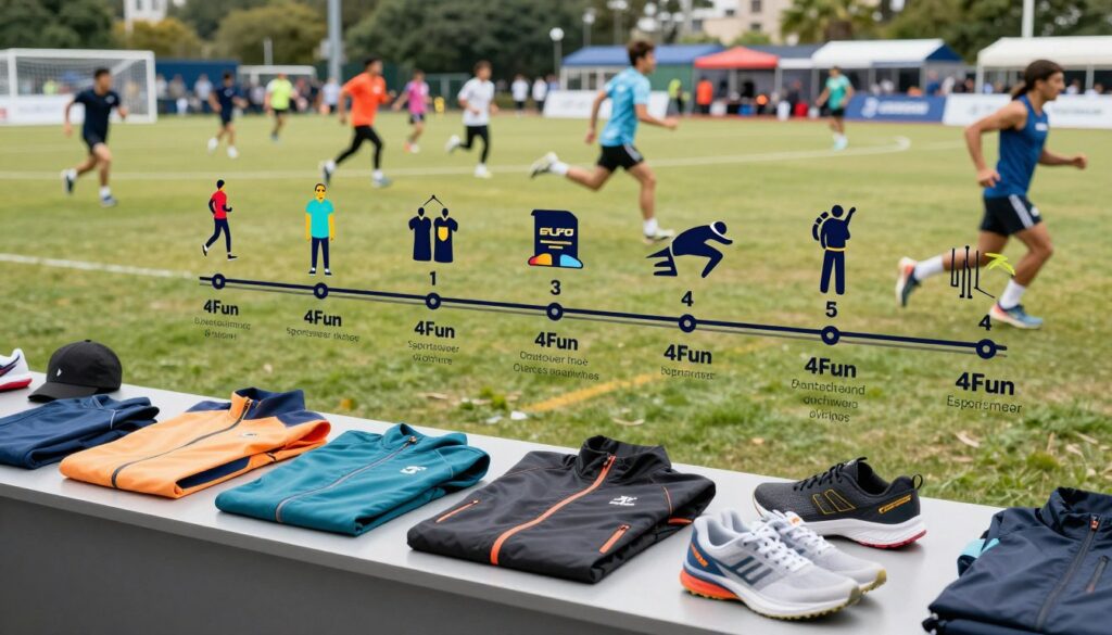A dynamic image illustrating the evolution of the 4F brand, showcasing its journey from 4Fun to a global sportswear powerhouse. In the foreground, a collection of modern sports apparel, including jackets, athletic shoes, and accessories, neatly arranged on a sleek display table. The middle ground features a timeline graphic showing significant milestones in the brand's history, such as the launch of key products and international expansion efforts, represented through creative icons and symbols. The background features a vibrant scene of an outdoor sports event, with athletes engaged in various sports, reflecting the brand’s focus on active lifestyles. Soft natural lighting illuminates the scene, creating an energetic and inspiring atmosphere. The angle is slightly elevated, allowing for a comprehensive view of all elements, without any text or logos.