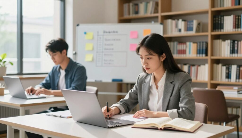 A dynamic scene depicting a split lifestyle balance between education and work, featuring two individuals in an engaging study environment. In the foreground, a focused young woman, dressed in professional attire, is studying with an open laptop and textbooks on a modern desk. To the side, a male figure in business casual clothing is working on a project, highlighting productivity. In the middle, a whiteboard displays colorful notes and study plans, representing the process of learning while working. The background features a bright, airy library setting filled with bookshelves and natural light streaming through large windows, creating an inspiring atmosphere. Soft shadows emphasize the concentration and dedication of both individuals, conveying a motivational and purposeful mood, ideally shot from a slightly elevated angle to capture both activities harmoniously.