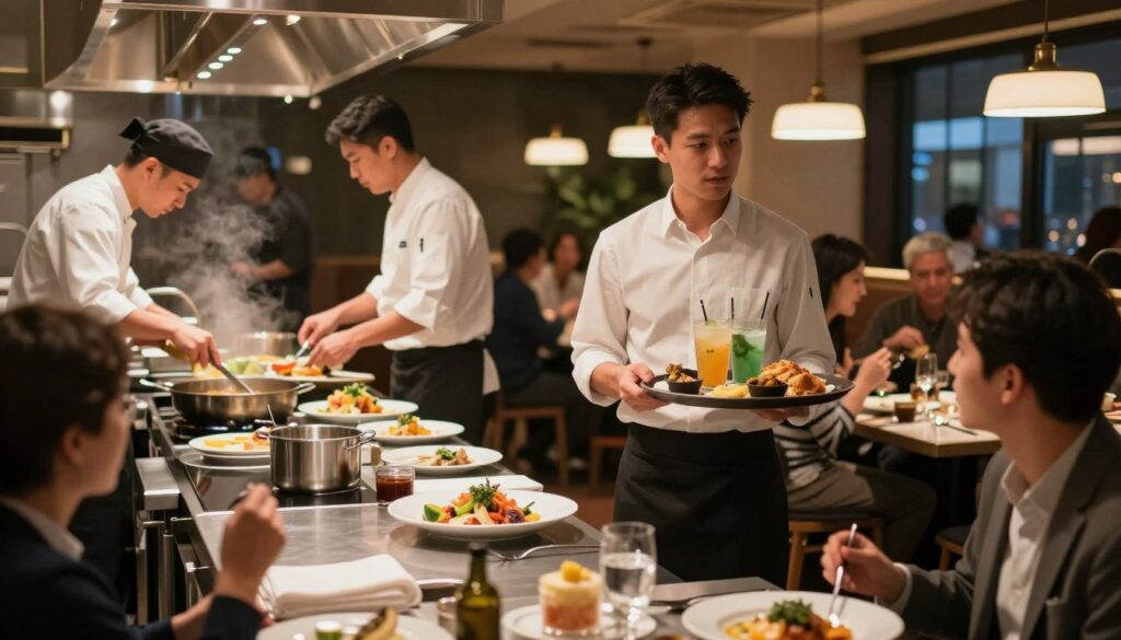 A dynamic scene in a bustling restaurant kitchen during a busy evening shift. In the foreground, a professional waiter in smart casual attire, holding a tray with drinks and food, looks focused while interacting with patrons. The middle ground showcases chefs expertly preparing dishes, with vibrant ingredients and cooking equipment visible. In the background, a warm and inviting dining area filled with diverse guests enjoying their meals, illuminated by soft, ambient lighting. The atmosphere is energetic yet organized, reflecting the fast-paced nature of the restaurant industry, with reflections of evening light casting a welcoming glow. The setting captures the essence of weekend service in gastronomy, highlighting the commitment and teamwork involved.