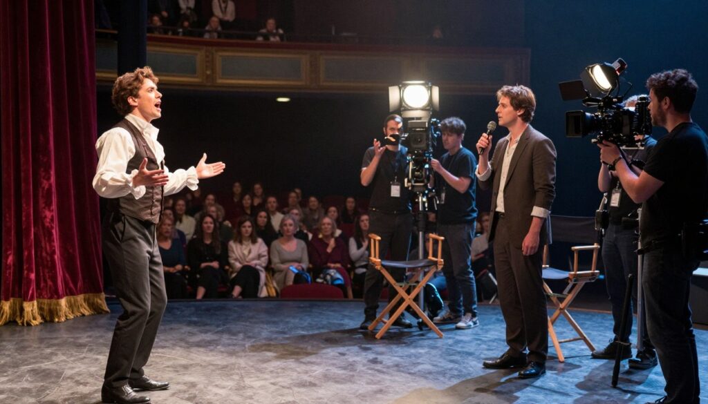 A dynamic split-scene image showcasing the contrasting worlds of theater and television/film. In the foreground, on the left, a stage adorned with rich velvet curtains and a spotlight illuminating a well-dressed actor performing passionately, capturing the essence of live performance. The actor displays strong emotions while wearing a classic theater costume. In the middle ground, to the right, a film set bustling with crew members, lights, and cameras, capturing an actor in modern attire delivering a line on a carefully crafted set. The background features a soft focus of a blurred audience in the theater, contrasted with a director's chair behind the film set. Use warm, inviting lighting in the theater and cooler, clinical lighting on the film set to highlight the different atmospheres, evoking a sense of creativity and professionalism.