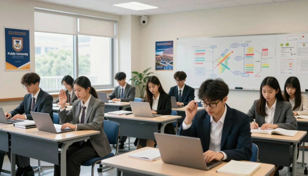 A dynamic university classroom scene showcasing students engaged in a variety of activities related to public university studies. In the foreground, a diverse group of students in professional business attire is sitting at desks, focused on their laptops and textbooks. One student is raising their hand to ask a question, while another is collaborating with a peer. In the middle ground, large windows let in natural light, illuminating a whiteboard filled with colorful diagrams about tuition rates and funding. In the background, university banners and academic posters add an academic atmosphere. The overall mood is bright and inspiring, reflecting a dedicated learning environment. Use a wide-angle lens to capture the depth of the classroom, with soft lighting to create an inviting ambiance. A dynamic university classroom scene showcasing students engaged in a variety of activities related to public university studies. In the foreground, a diverse group of students in professional business attire is sitting at desks, focused on their laptops and textbooks. One student is raising their hand to ask a question, while another is collaborating with a peer. In the middle ground, large windows let in natural light, illuminating a whiteboard filled with colorful diagrams about tuition rates and funding. In the background, university banners and academic posters add an academic atmosphere. The overall mood is bright and inspiring, reflecting a dedicated learning environment. Use a wide-angle lens to capture the depth of the classroom, with soft lighting to create an inviting ambiance.