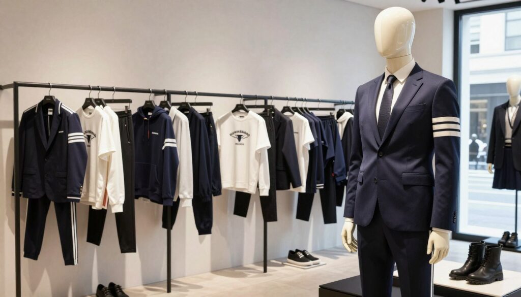 A fashion-inspired scene featuring a stylish, modern retail store showcasing Dirk Bikkembergs’ collection. In the foreground, a mannequin dressed in a sleek, tailored suit with a contemporary cut, accented by sporty details like stripes and high-quality materials. The middle ground features racks filled with Bikkembergs apparel, including athletic wear and casual chic outfits, all arranged artistically. The background shows a minimalist interior with tasteful lighting that highlights the unique textures and colors of the clothing, creating a refined atmosphere. A sleek glass window invites natural light, while hints of branded accessories subtly complete the display. The overall mood conveys sophistication and a blend of elegance with sporty vibes, resonating with the identity of the Bikkembergs brand.