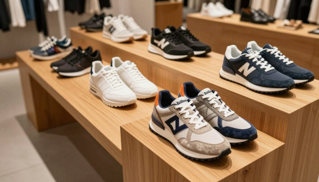 A fashionable shoe display featuring Bullboxer's diverse collection. In the foreground, a pair of stylish Bullboxer sneakers with intricate detailing and unique color combinations, positioned on an elegant wooden pedestal. The middle ground includes additional shoes in various styles, showcasing both casual and smart options, accentuating the brand's versatility. The background conveys a modern boutique atmosphere with warm lighting, highlighting the textures and craftsmanship of the footwear. Soft shadows cast by subtle ambient light create an inviting mood, suggesting a trendy shopping experience. The camera angle is slightly tilted from above, providing a comprehensive view of the arrangement, inviting the viewer to explore the fashionable details and character of the Bullboxer brand. A fashionable shoe display featuring Bullboxer's diverse collection. In the foreground, a pair of stylish Bullboxer sneakers with intricate detailing and unique color combinations, positioned on an elegant wooden pedestal. The middle ground includes additional shoes in various styles, showcasing both casual and smart options, accentuating the brand's versatility. The background conveys a modern boutique atmosphere with warm lighting, highlighting the textures and craftsmanship of the footwear. Soft shadows cast by subtle ambient light create an inviting mood, suggesting a trendy shopping experience. The camera angle is slightly tilted from above, providing a comprehensive view of the arrangement, inviting the viewer to explore the fashionable details and character of the Bullboxer brand.