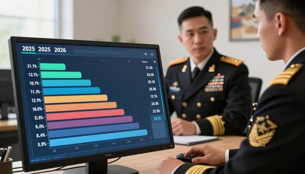 A focused and informative illustration depicting a chart of military salaries related to different ranks for the years 2025 and 2026. In the foreground, present a sleek, modern digital display chart with varying levels representing each military rank in an orderly manner. The middle layer includes a professional setting, featuring a well-dressed military officer reviewing the chart, embodying authority and professionalism. The background showcases a softly lit office environment with subtle military decorations, adding to the theme. Use warm yet bright lighting to create an inviting atmosphere, employing a slight angle for a dynamic perspective. The overall mood should emphasize clarity and professionalism, enhancing the comprehensive understanding of military compensation.