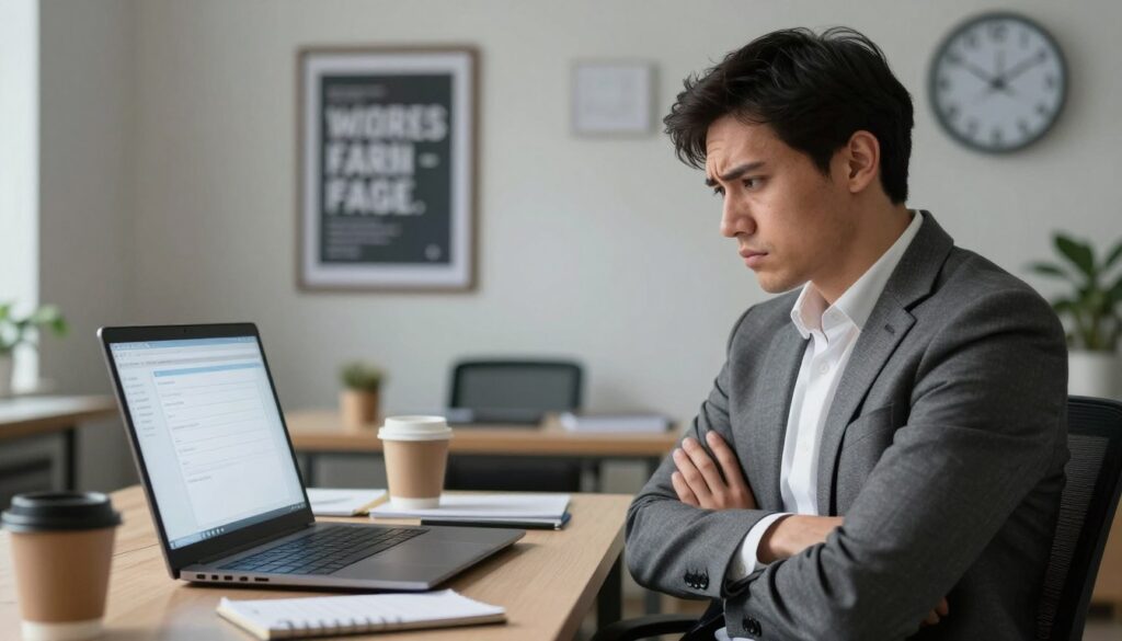 A frustrated job applicant sitting at a desk, looking at a laptop screen that displays an empty inbox. The foreground features the applicant, a professional in business attire, with a furrowed brow and crossed arms, conveying disappointment. The middle area includes a cluttered desk with a notepad and a coffee cup, emphasizing the waiting period. In the background, a softly lit office environment with framed motivational posters and a clock showing time passing slowly creates a sense of anxiety. The overall mood is tense yet hopeful, with soft, diffused lighting to evoke a contemplative atmosphere. The composition is framed to capture the applicant's expression centrally, highlighting their emotional state amidst the waiting game in the recruitment process.