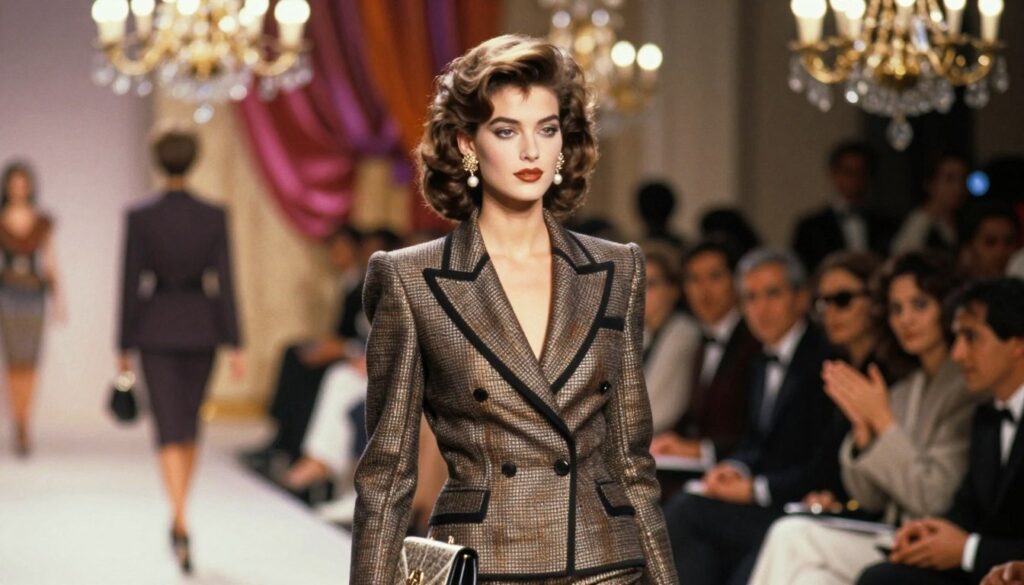 A glamorous fashion scene capturing a 1990s supermodel exuding elegance and sophistication. The foreground features the model in a luxurious, tailored Balmain suit, showcasing sharp lines and rich textures, paired with classic accessories like pearl earrings and a chic handbag. Her hair is styled in a voluminous, glamorous fashion typical of the era. In the middle ground, a soft-focus runway adorned with vibrant lights creates a luxurious ambiance, while onlookers dressed in refined, stylish outfits admire the elegance. The background includes high-fashion décor, such as opulent chandeliers and draped fabrics, all bathed in warm, soft lighting that enhances the overall atmosphere of elite fashion. Capture the essence of high-end couture and nostalgia from the 90s, evoking a sense of timeless luxury.
