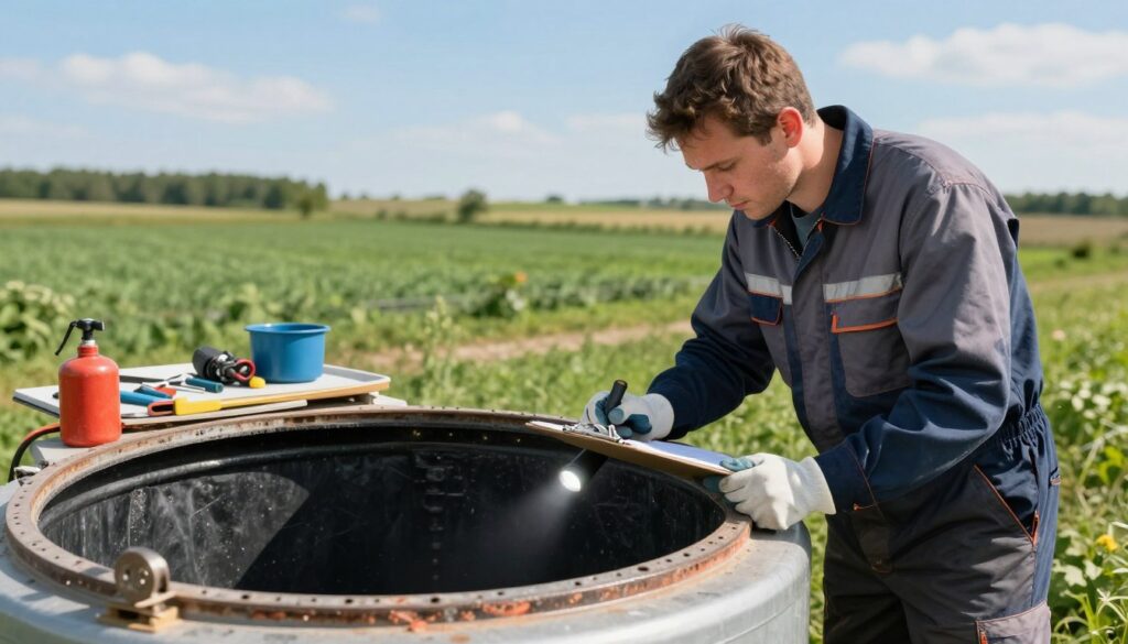 A hardworking "szambonurek" (septic tank worker) in a professional jumpsuit, diligently inspecting a septic tank in a rural setting. The foreground features the worker, focused and engaged, holding a clipboard and wearing gloves, looking into the tank with a flashlight. In the middle ground, the open septic tank reveals various tools and equipment used for the job, indicating a complex and meticulous process. The background showcases a lush green landscape with a clear blue sky, adding to the environment's realism. The lighting is bright and natural, capturing the essence of a typical workday. The mood is focused and industrious, reflecting the daily challenges and responsibilities of this essential profession.