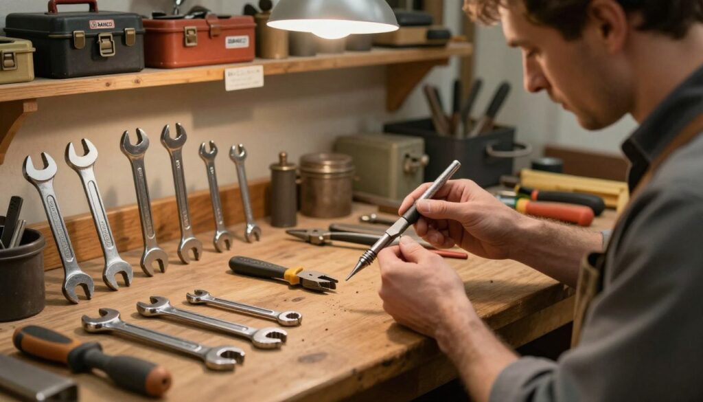 A high-quality historical depiction of Bahco tools made from premium steel, showcasing a variety of classic hand tools like wrenches and pliers in a well-lit workshop setting. In the foreground, a craftsman in professional attire, focused and diligent, is carefully examining a precision tool. The middle ground features an organized wooden workbench with various Bahco tools displayed, highlighting their craftsmanship and distinctive design. The background reveals shelves filled with neatly arranged toolboxes, emphasizing the history and evolution of the brand. Soft, warm overhead lighting creates an inviting atmosphere, enhancing the textures of the steel and wood, while a slight vignette focuses attention on the tools and craftsman. The mood is professional, nostalgic, and celebrates quality craftsmanship.