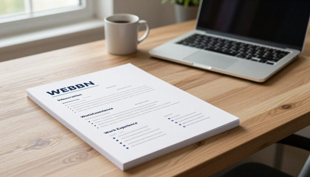 A highly detailed two-page CV on a sleek wooden desk, illuminated by soft, natural light coming from a nearby window. The foreground features a neatly organized CV with sections for personal information, education, work experience, and skills, showcasing a modern design with clear fonts and elegant bullet points. In the middle background, a stylish laptop and a coffee mug sit beside the CV, indicating a professional workspace. The mood conveys professionalism and sophistication, perfect for a career-focused setting. The room has subtle, muted colors, with a hint of greenery from a potted plant in the background, adding to the inviting atmosphere. The angle captures the essence of a dedicated work environment without any distracting elements, ensuring a clear focus on the CV itself.