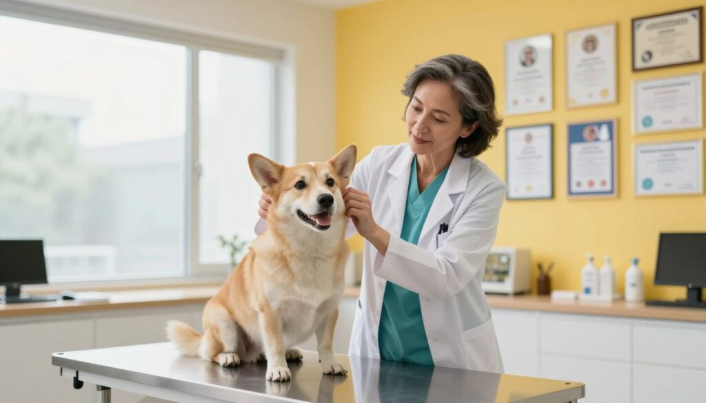 A knowledgeable veterinarian in a modern clinic, examining a joyful dog on an examination table. The veterinarian, a middle-aged woman in a smart, professional outfit, is gently checking the dog's ears, showcasing her expertise and care. In the background, a vibrant wall adorned with various veterinary certificates and specializations, including surgical and dental certifications, to emphasize experience and specialization. Soft, natural lighting coming from large windows enhances the warm, inviting atmosphere of the clinic. The focus is on the veterinarian’s interaction with the dog, capturing a moment of trust and professionalism, highlighting the dedication and specialized skills required in veterinary medicine.