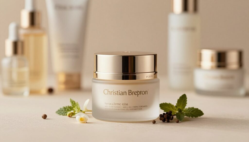 A luxurious eye cream bottle elegantly arranged in a softly lit studio setting. The focus is on a beautifully crafted, frosted glass jar with a gleaming metal lid, adorned with minimalistic branding that hints at sophistication and high-end skincare. Surrounding the jar, delicate ingredients like hyaluronic acid and botanical extracts are artistically scattered, illustrating the cream's efficacy. In the background, an array of blurred skincare products creates depth, suggesting a vast product portfolio. Warm, diffused lighting enhances the glimmer of the packaging, while the overall atmosphere conveys a sense of calm and elegance, inviting viewers to explore the skin benefits offered by Christian Breton. The composition is shot with a macro lens, emphasizing texture and detail, with a subtle vignette adding a touch of refinement. A luxurious eye cream bottle elegantly arranged in a softly lit studio setting. The focus is on a beautifully crafted, frosted glass jar with a gleaming metal lid, adorned with minimalistic branding that hints at sophistication and high-end skincare. Surrounding the jar, delicate ingredients like hyaluronic acid and botanical extracts are artistically scattered, illustrating the cream's efficacy. In the background, an array of blurred skincare products creates depth, suggesting a vast product portfolio. Warm, diffused lighting enhances the glimmer of the packaging, while the overall atmosphere conveys a sense of calm and elegance, inviting viewers to explore the skin benefits offered by Christian Breton. The composition is shot with a macro lens, emphasizing texture and detail, with a subtle vignette adding a touch of refinement.