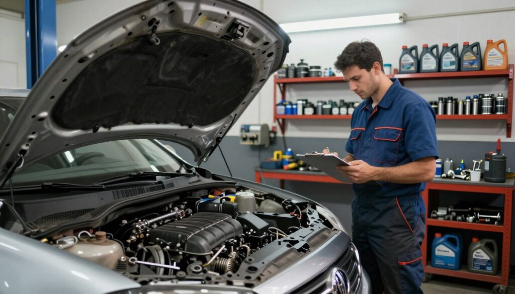 A mechanic's workshop filled with car service tools and equipment, showcasing the high costs associated with vehicle maintenance. In the foreground, a well-worn car hood is propped open, revealing the engine. Tools like wrenches and oil cans are scattered around, hinting at ongoing repairs. In the middle ground, a mechanic in professional clothing inspects an engine while checking a clipboard, emphasizing attention to detail. In the background, shelves neatly organized with spare parts and oil containers impact the atmosphere of a busy workshop. Bright fluorescent lights cast a clean, industrious glow over the scene, while shadows define the equipment's shapes. The overall mood is focused, bringing to life the unseen costs of vehicle upkeep that consume earnings.