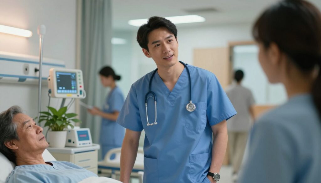 A medical caregiver in scrubs, looking focused and professional, stands in a hospital ward, speaking with a patient. The foreground features a bedside with medical equipment and a calming plant. The middle ground showcases the caregiver's attentive expression, conveying warmth and dedication amid soft, ambient lighting. In the background, a brightly lit corridor indicates a busy yet organized hospital environment, with a soft glow from overhead lights. The atmosphere is supportive and reassuring, highlighting the importance of night shifts and bonuses for healthcare professionals. The composition is taken with a slight tilt angle to emphasize the dynamic movement within the scene, capturing the dedication required in healthcare roles.