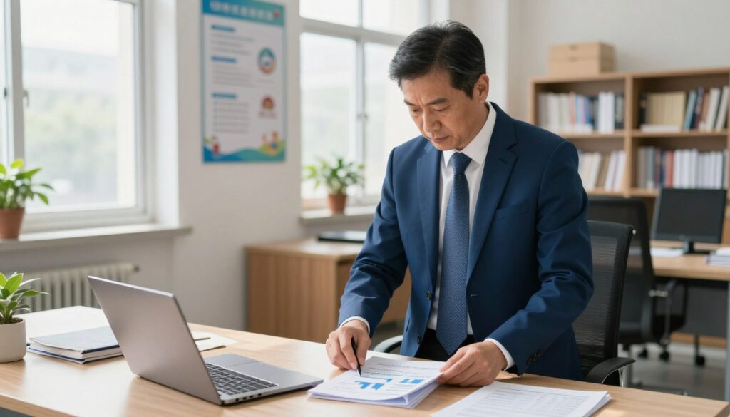 A middle-aged male primary school principal stands confidently in a modern office, dressed in a sharp blue suit and a neatly tied tie. He is reviewing financial reports on his desk, with a laptop open, showcasing graphs and numbers related to salaries and bonuses for educators. The office is well-lit by natural light streaming in through large windows, casting soft shadows. In the background, there are educational posters on the walls and bookshelves filled with teaching materials, emphasizing the environment of education. The atmosphere is professional and focused, conveying a sense of responsibility and authority. The angle captures the principal from a slightly higher perspective, highlighting his engagement with the important financial data.