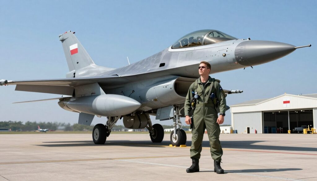 A military F-16 fighter jet soaring through a blue sky, showcasing its sleek design and advanced technology, with a Polish flag subtly reflected on its surface. In the foreground, an F-16 pilot in a standard military flight suit stands confidently on the tarmac, gazing up at the jet, symbolizing pride and professionalism. The background features a modern airbase with aircraft hangars and a clear, sunny atmosphere, creating a sense of achievement and aspiration. Use soft, natural lighting to highlight the pilot and jet, with a slightly angled perspective to emphasize the aircraft’s impressive stature. The mood evokes a sense of ambition and dedication, illustrating the career path of a military pilot in Poland in 2025.