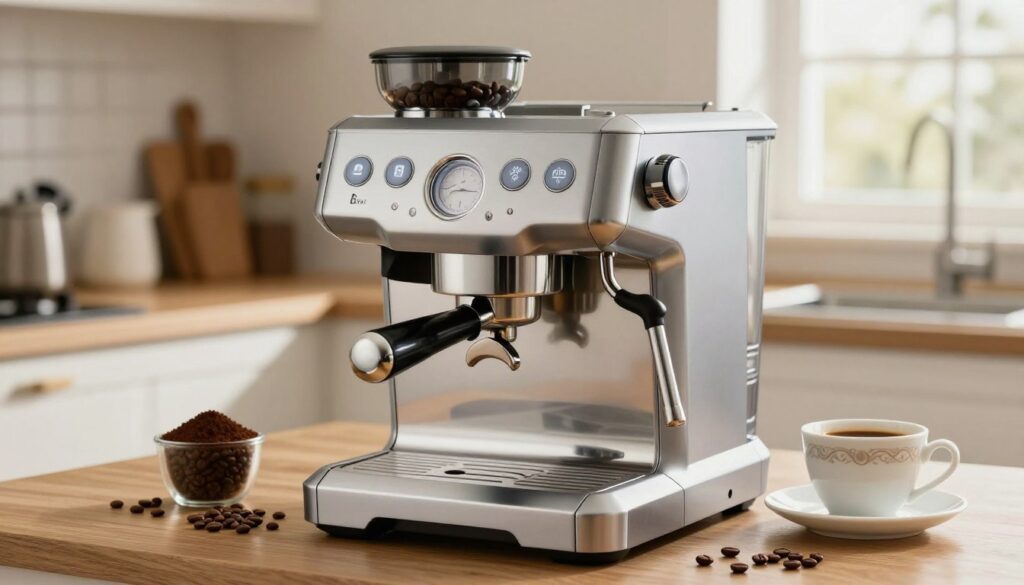 A modern Breville espresso machine, sleek and polished, prominently displayed in the foreground. The machine's elegant chrome details reflect the soft ambient light, highlighting its professional appeal. Surrounding the espresso machine, a carefully arranged setup of freshly ground coffee beans and an artisan coffee cup enhances the ambiance. In the background, a soft-focus kitchen environment with warm, natural light streaming through a window evokes a cozy atmosphere. The composition captures the essence of specialty coffee preparation, inviting the viewer into the world of coffee enthusiasts and advanced brewing technology. The image should convey a sense of sophistication and quality, suitable for showcasing an espresso machine in a premium kitchen setting. A modern Breville espresso machine, sleek and polished, prominently displayed in the foreground. The machine's elegant chrome details reflect the soft ambient light, highlighting its professional appeal. Surrounding the espresso machine, a carefully arranged setup of freshly ground coffee beans and an artisan coffee cup enhances the ambiance. In the background, a soft-focus kitchen environment with warm, natural light streaming through a window evokes a cozy atmosphere. The composition captures the essence of specialty coffee preparation, inviting the viewer into the world of coffee enthusiasts and advanced brewing technology. The image should convey a sense of sophistication and quality, suitable for showcasing an espresso machine in a premium kitchen setting.