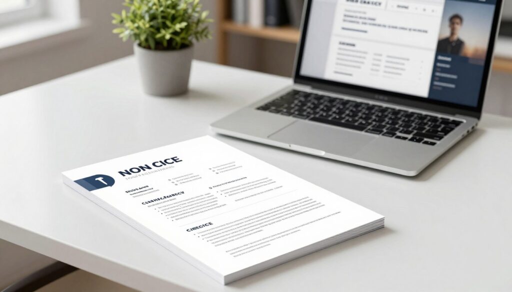 A modern CV layout displayed on a clean, stylish desk in a well-lit office environment. In the foreground, showcase a professionally designed CV with clear sections, elegant fonts, and a balanced layout emphasizing readability. The middle ground features a sophisticated laptop open beside the CV, showcasing a screen with a streamlined interface, complementing the theme of professionalism. In the background, soft-focus elements include a potted plant and a bookshelf filled with business books, creating a warm and inviting atmosphere. The lighting is bright yet soft, illuminating the desk and highlighting the CV's details. Capture a sense of organization and professionalism that inspires confidence, focusing on sleek design and functionality.