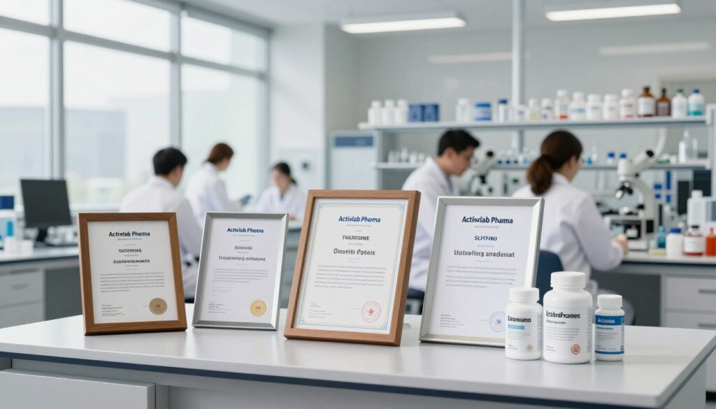 A modern and professional office setting reflecting the essence of Activlab Pharma, showcasing their commitment to quality supplements. In the foreground, a sleek desk organized with certificates, proudly displayed on wooden and metal stands, highlighting various awards and quality certifications. A laboratory in the background, softly lit with bright, clinical white lights, filled with scientists in professional attire working collaboratively with supplement samples. The middle ground features a large glass window with natural light pouring in, casting gentle shadows. The overall atmosphere should resonate with trust and professionalism, suggesting innovation and reliability in health and wellness. Focus on crisp details, balanced composition, and a clean aesthetic that emphasizes the credibility of the brand. A modern and professional office setting reflecting the essence of Activlab Pharma, showcasing their commitment to quality supplements. In the foreground, a sleek desk organized with certificates, proudly displayed on wooden and metal stands, highlighting various awards and quality certifications. A laboratory in the background, softly lit with bright, clinical white lights, filled with scientists in professional attire working collaboratively with supplement samples. The middle ground features a large glass window with natural light pouring in, casting gentle shadows. The overall atmosphere should resonate with trust and professionalism, suggesting innovation and reliability in health and wellness. Focus on crisp details, balanced composition, and a clean aesthetic that emphasizes the credibility of the brand.