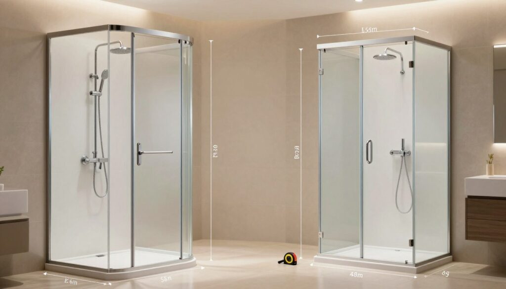 A modern bathroom featuring an elegant shower cabin with frosted glass panels, showcasing various dimensions and shapes, such as square and rectangular designs. The foreground displays detailed attributes of the shower cabin, including a sleek chrome showerhead, an ergonomic door handle, and adjustable water flow controls. In the middle ground, a tape measure lies beside the cabin to indicate size specifications. The background features soft, warm lighting illuminating the bathroom's tiled walls, enhancing the serene atmosphere. The overall mood is professional and informative, suitable for an article about shower cabins, with a focus on showcasing parameters that potential buyers should consider before making a purchase.