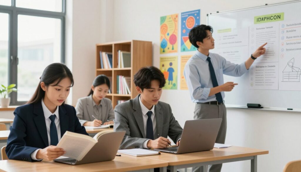 A modern classroom scene showcasing a vibrant learning environment. Foreground features a diverse group of four students in professional business attire, deeply engaged in studying. One student is reading a textbook, another is taking notes on a laptop, while the third is discussing with the fourth, pointing at a display board highlighting academic achievements. The middle ground displays colorful educational posters about various subjects, while a bookshelf filled with books adds texture. In the background, large windows allow natural light to flood the room, creating a warm and inviting atmosphere. The overall mood is inspiring and focused, suggesting a commitment to education and personal growth. The composition captures the essence of school life and the importance of education in career development.