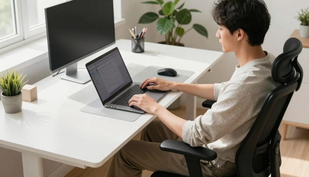 A modern ergonomic workspace featuring a well-designed desk setup with an adjustable chair that promotes good posture. In the foreground, a professional individual in smart casual attire is seated, demonstrating a relaxed yet attentive posture while using a laptop. The middle ground showcases items like a height-adjustable desk, an ergonomic mouse, and a keyboard with wrist support. In the background, soft natural light streams through a window, illuminating a green plant and minimalistic decor that enhances productivity. The scene conveys a sense of comfort and efficiency, with a calm, focused atmosphere that highlights key aspects of workplace ergonomics. The angle of the shot is slightly elevated, emphasizing the arrangement of workspace elements without any text or distractions.