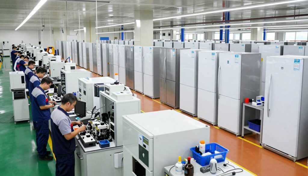 A modern factory interior dedicated to the production of refrigerators, showcasing a bustling assembly line filled with skilled workers in professional attire. In the foreground, technicians are carefully assembling components, focusing on precision and teamwork. The middle ground features various stages of refrigerator assembly, including machinery, tools, and quality control stations, all under bright, energy-efficient lighting that highlights the cleanliness and organization of the space. The background reveals rows of finished products ready for distribution, adding depth to the scene. The atmosphere is industrious yet professional, emphasizing innovation and the efficiency of supply chain operations in Poland. This image captures the essence of modern manufacturing, showcasing both human effort and advanced technology.