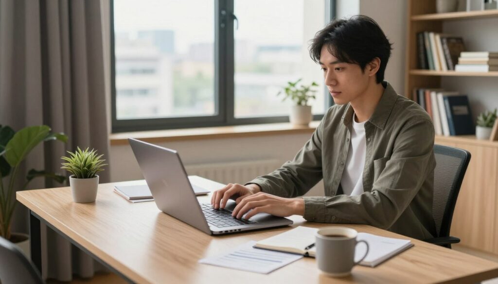 A modern home office setting showcasing the essentials of remote work. In the foreground, a neatly organized desk with a laptop open, notes scattered, and a coffee mug. To the side, a professional dressed individual in smart casual attire, focused and typing on their laptop. In the middle, a large window allowing natural light to flood the room, with a view of a cityscape. The background features a bookshelf filled with business books and some decorative plants. The atmosphere is calm and productive, emphasizing clarity and organization in a remote work environment, with soft, warm lighting to create a welcoming workspace. The angle should be slightly elevated to capture the home office's inviting ambiance without any distractions.