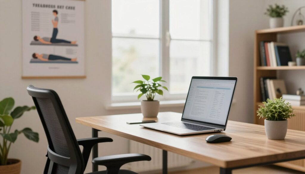 A modern home office setup showcasing remote work ergonomics. In the foreground, a well-organized desk with an adjustable chair, a laptop at eye level, and a comfortable keyboard and mouse placement. Include a potted plant for a touch of nature. In the middle, a large window allows natural light to flood the space, creating a bright atmosphere. On the wall, ergonomic posters illustrating correct posture and desk setup. In the background, a cozy bookshelf filled with books and decor. The image captures a serene and productive working environment, emphasizing comfort and functionality. Soft lighting enhances the warm and inviting mood, with a focus on professionalism in a casual yet business-like attire for any visible human figures.