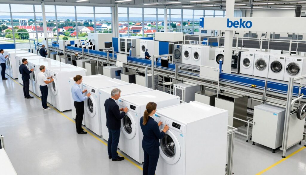 A modern industrial setting showcasing Beko's European production facility. In the foreground, workers in professional business attire are seamlessly assembling sleek white goods like refrigerators and washing machines, demonstrating teamwork and precision. The middle ground features advanced machinery and assembly lines, with bright, natural lighting illuminating the workspace, reflecting a clean and efficient atmosphere. In the background, large windows provide a view of a vibrant European landscape, symbolizing innovation and growth. The overall mood is dynamic and industrious, embodying Beko's new chapter post-agreement with Arçelik and Whirlpool. The perspective is slightly angled from above to capture the scale and activity of the production environment.
