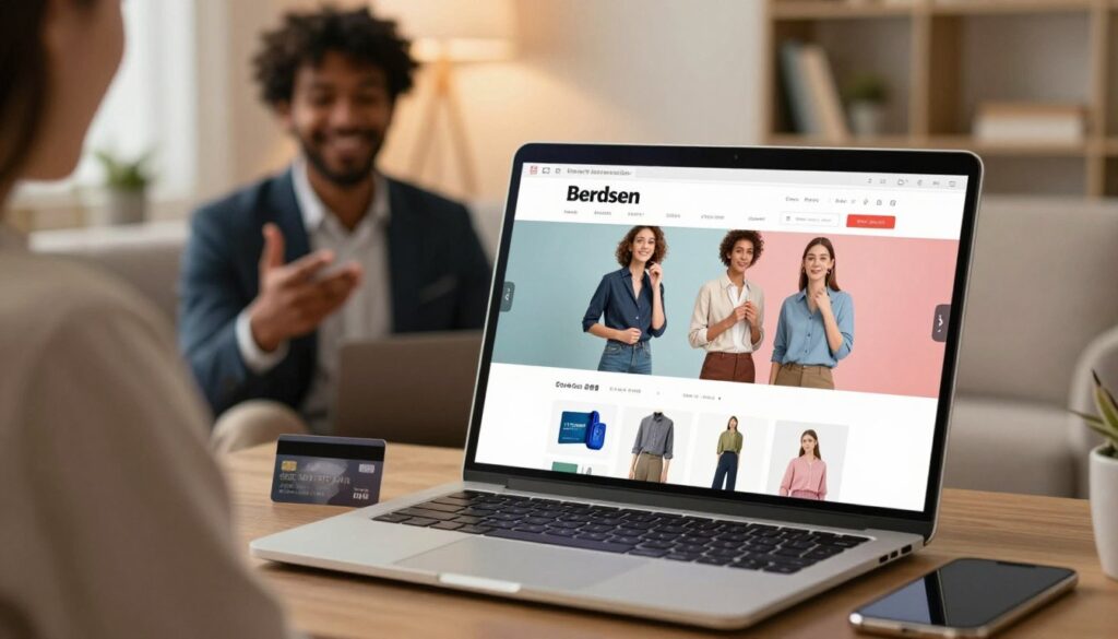 A modern, inviting online shopping experience featuring a computer screen displaying the Berdsen website. In the foreground, a stylish laptop is open, showing a colorful, user-friendly interface with images of various products like clothing and accessories. Beside the laptop, there are a credit card and a smartphone, symbolizing payment options. In the middle ground, a customer—a diverse individual in professional business attire—gestures positively towards the screen, embodying satisfaction. The background is a warm, cozy home environment with soft lighting that creates a welcoming atmosphere, highlighting online shopping convenience. The scene conveys a mood of efficiency and comfort, ideal for e-commerce.