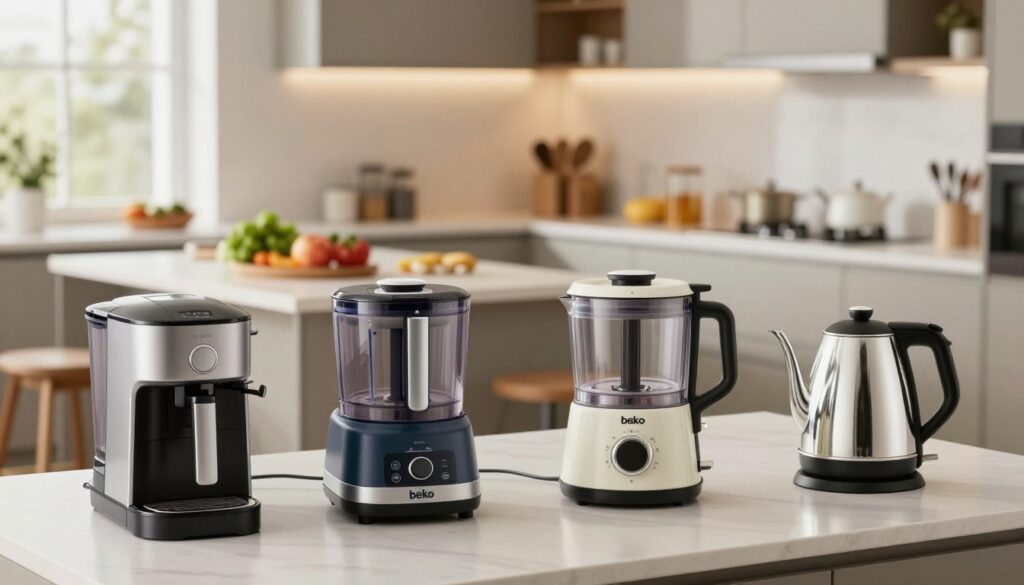 A modern kitchen scene featuring a variety of small household appliances from the brand Beko, including a sleek coffee maker, a compact food processor, and an efficient electric kettle, all beautifully arranged on a clean countertop. The foreground highlights the shiny surfaces of the appliances, showcasing their contemporary design and functionality. In the middle ground, a stylish kitchen island with fresh ingredients and utensils adds a touch of warmth. The background features softly lit kitchen cabinetry and a window with natural light streaming in, creating an inviting atmosphere. Use a shallow depth of field to focus on the appliances while softly blurring the background. The overall mood is bright, welcoming, and conveys a sense of modern home living.