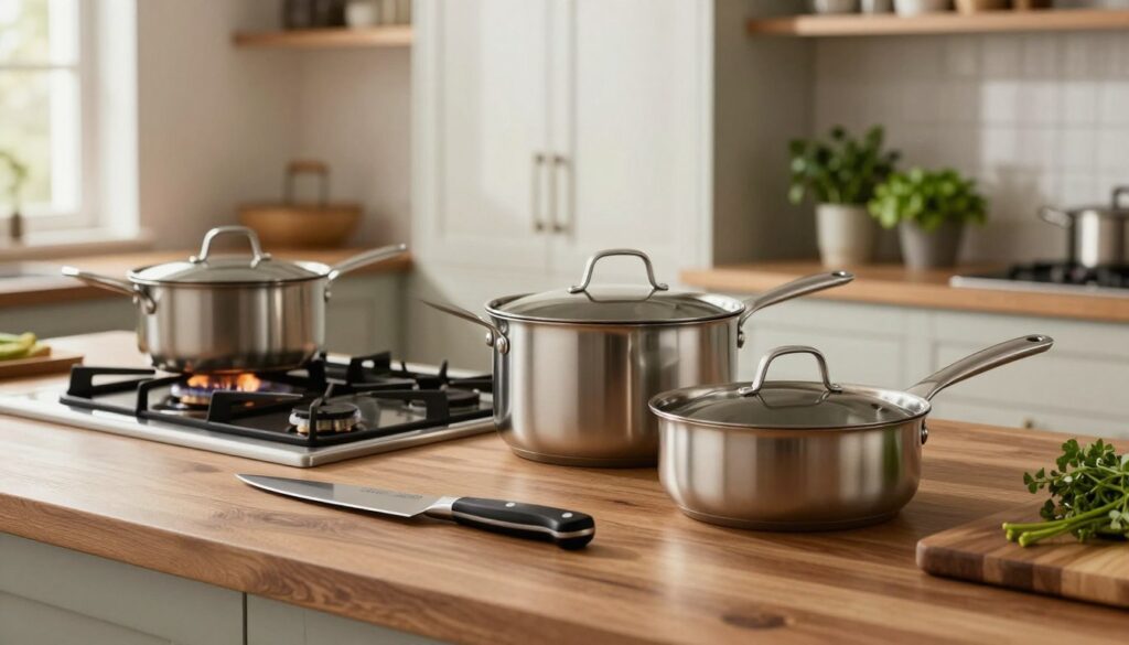A modern kitchen scene featuring elegant Berlinger Haus cookware and kitchen accessories. In the foreground, a sleek set of pots and pans, displaying their distinctive metallic finish, sits on a polished wooden countertop. A high-quality kitchen knife and cutting board are arranged beside them. In the middle ground, a stylish stovetop is visible, with a gentle flame, creating a cozy ambiance. The background includes soft-focus cabinets, a bright window allowing natural light to flood in, and fresh herbs in small pots, contributing to a homey atmosphere. The lighting is warm and inviting, accentuating the quality of the products. The overall mood is contemporary and welcoming, representing craftsmanship and functionality in the kitchen.
